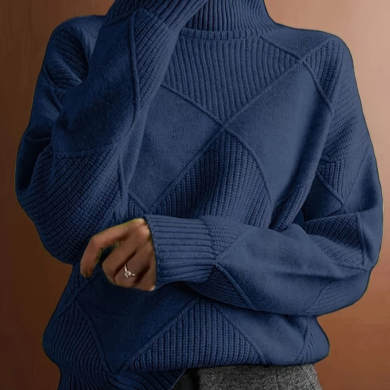 Pull col roulé pour femme - Motif diamant et manches côtelées