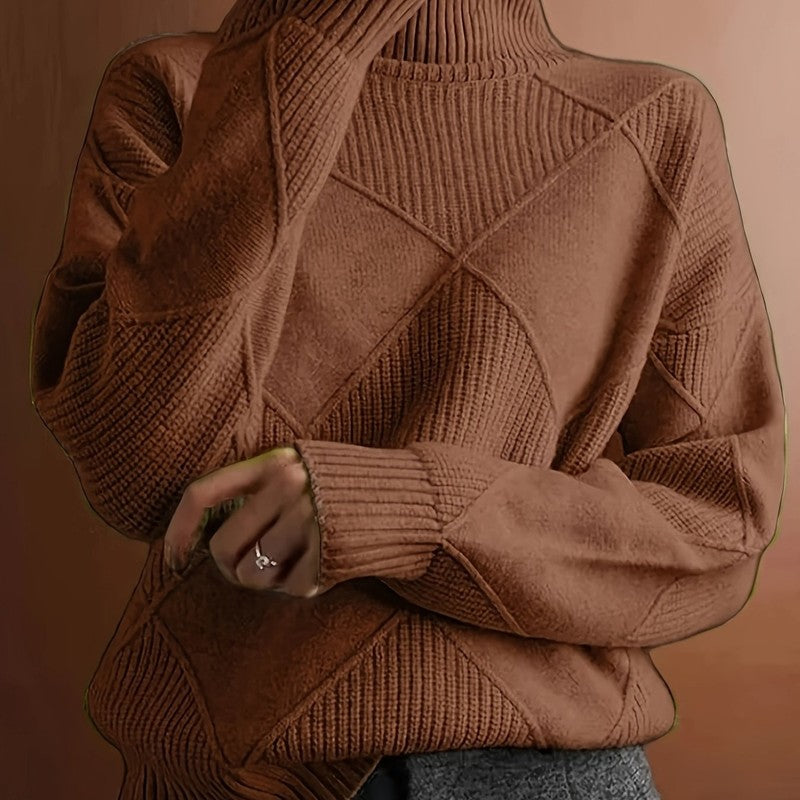 Pull col roulé pour femme - Motif diamant et manches côtelées