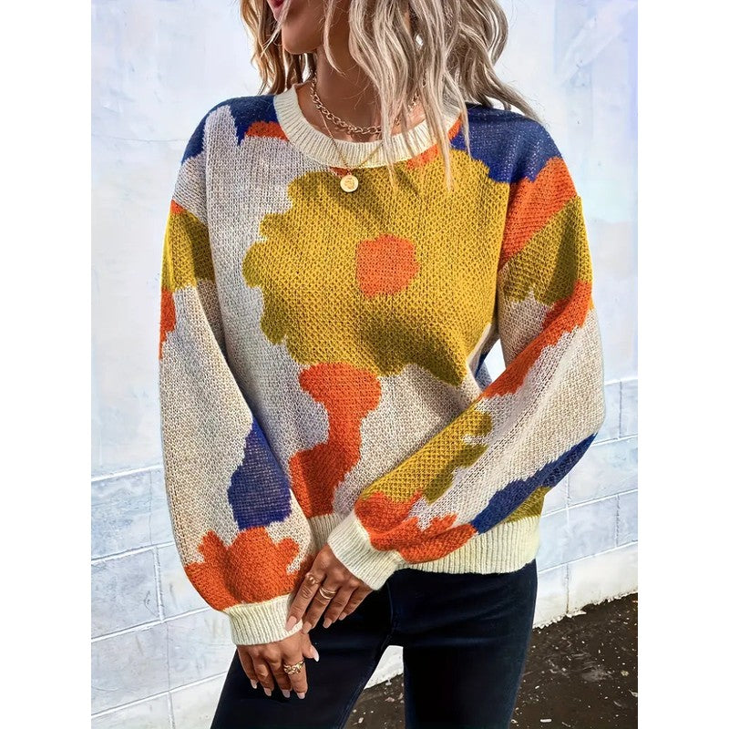 Pull Femme en Maille Jacquard Floral Abstrait - Coupe Oversize