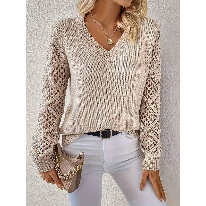 Pull femme à manches ajourées - Col en V