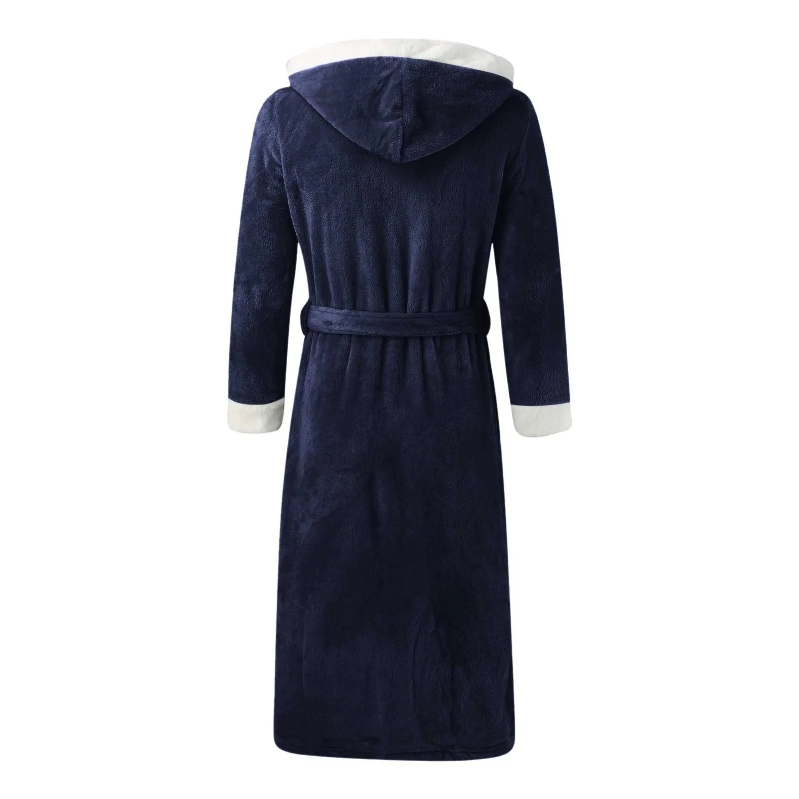 Vue de dos du peignoir Étienne pour homme, modèle chaud et idéal pour l’hiver en tissu bleu marine doux avec bordures crème et ceinture assortie, présenté sur fond blanc.