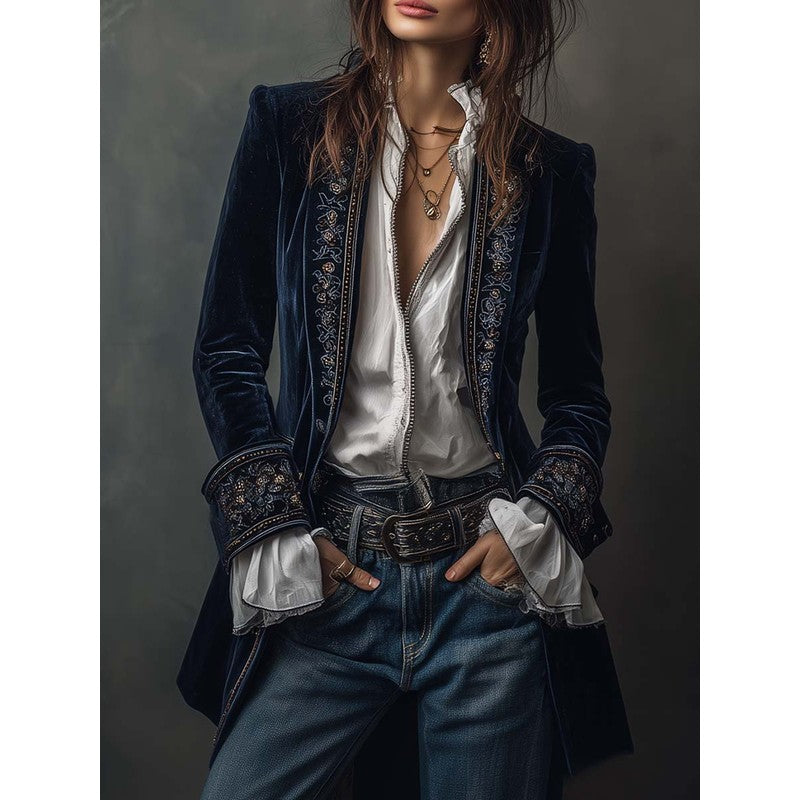 Veste Longue Femme Cintrée - Broderie Florale