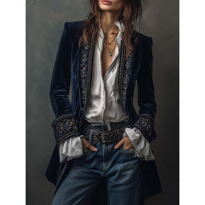 Veste Longue Femme Cintrée - Broderie Florale