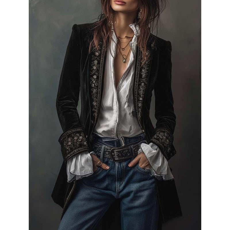 Veste Longue Femme Cintrée - Broderie Florale