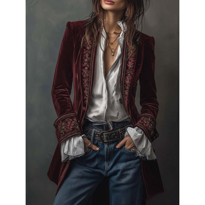 Veste Longue Femme Cintrée - Broderie Florale