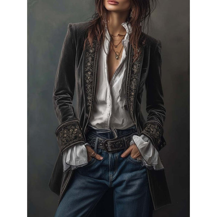 Veste Longue Femme Cintrée - Broderie Florale
