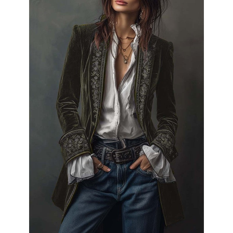 Veste Longue Femme Cintrée - Broderie Florale