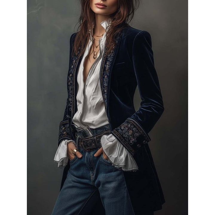 Veste Longue Femme Cintrée - Broderie Florale