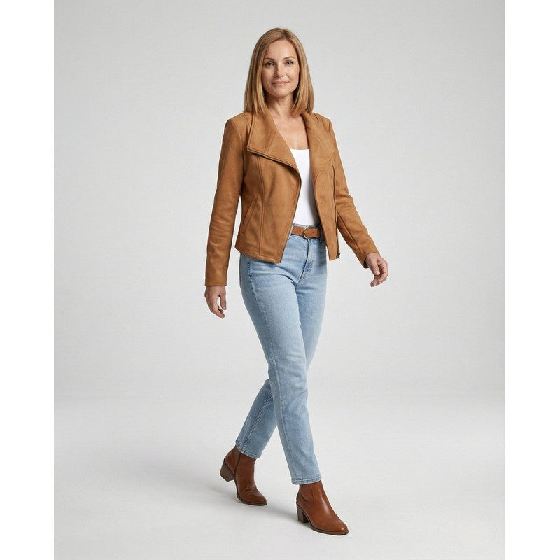 Veste moto femme - Col large et fermeture asymétrique