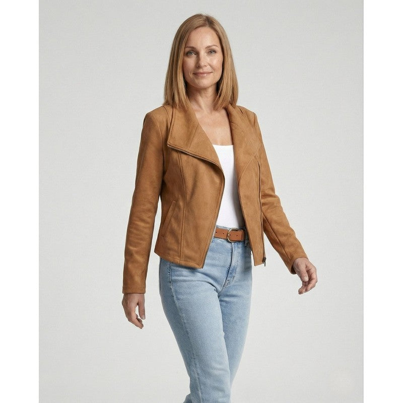 Veste moto femme - Col large et fermeture asymétrique